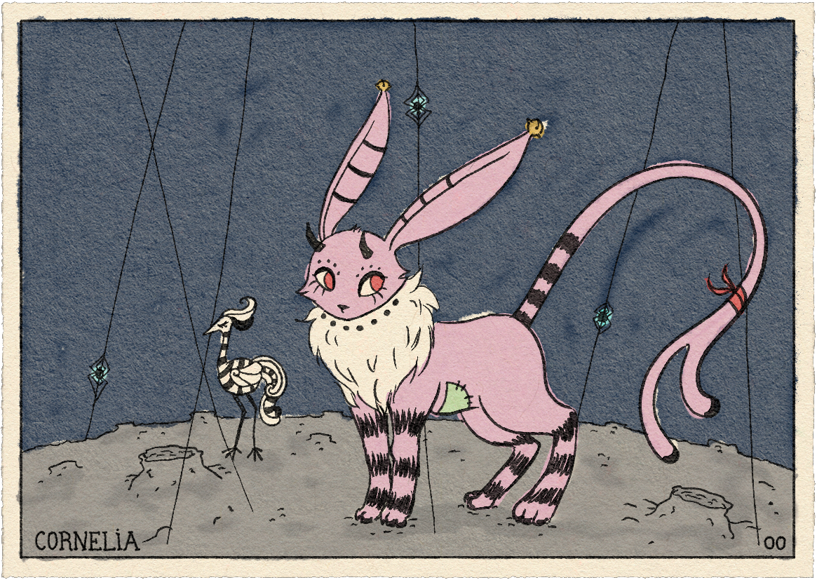 Illustrated postcard in a somewhat cartoonish style, of a creature that looks like a hybrid between a rabbit and a cat, pink in color. It has two small black horns, a white furry neck, and a tail that ends in two points. The legs have black stripes, and on its belly it has a green pocket that appears to be sewn on. Behind it is a bird with a long neck, black and white stripes. Both characters are on a rocky planet full of craters and spider webs with spiders emitting a blue light.